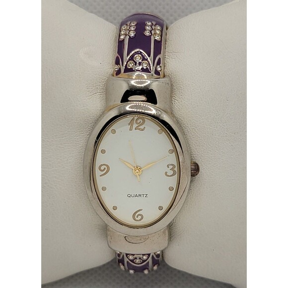 Accessories - Women's Classic Oval Silver Tone White Dial Purple Cuff Bracelet Watch 01